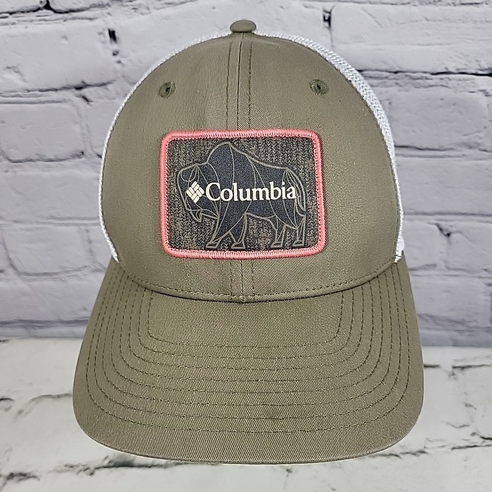 Columbia Buffalo Patch Hat Mens S/M Mesh Fitted Olive Green Ball Cap Flaw